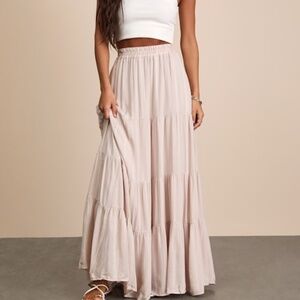 Lulus Sunset By The Sea Light Beige Embroidered Tiered Maxi Skirt - Size M